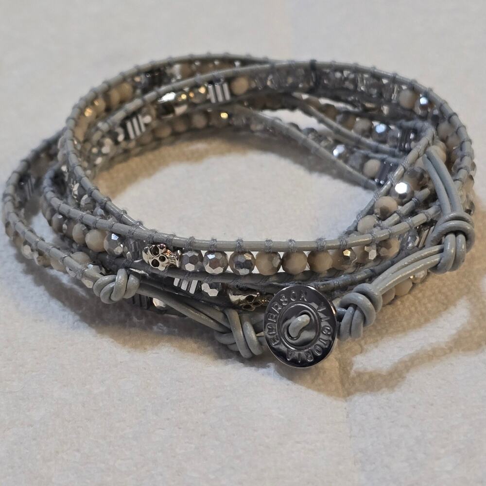 Victoria Emerson Gray Leather Multi Wrap Beaded Bracelet with Skull Charms Boho